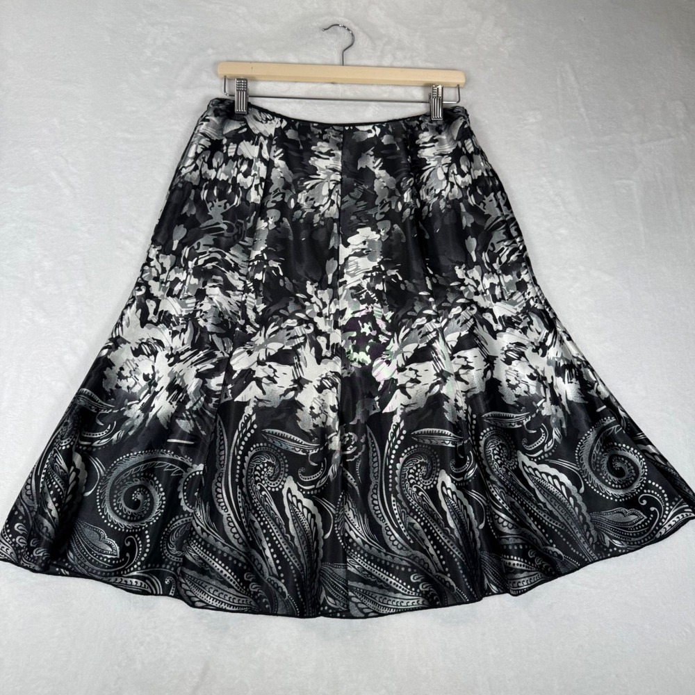 Chico's Midi Skirt Womens 1 M Black Silver Paisley Floral A-Line Dressy Elegant - Picture 2 of 7